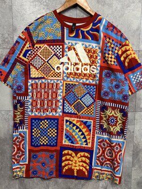 Adidas x FARM Rio T Shirt Men's L Multicolor Patchwork Graphic Longline